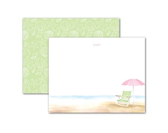 Tarjetas personalizadas, Silla de playa rosa y verde - Juegos de papelería personalizables con acuarela