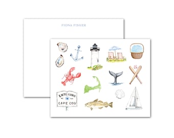 Tarjetas personalizadas, diseños favoritos de Cape Cod - Juegos de papelería personalizables con acuarela
