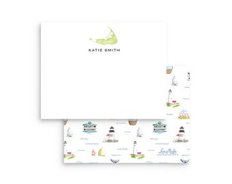 Tarjetas personalizadas, Nantucket - Juegos de papelería de acuarela personalizables