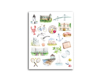 Newport Favorites 4.25x5.5in. Notecards | Oysters, Tennis Hall of Fame, Lighthouse, Newport Mansions Watercolor Stationery