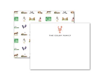 Maine Personalized Notecards |  Lobster, Oysters, Moose, Lighthouse | Customizable Watercolor Stationery Set