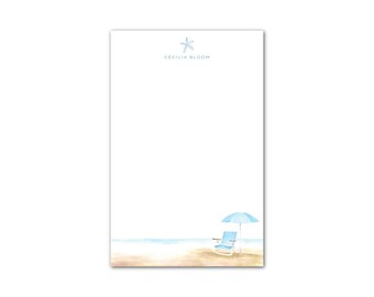 Bloc de notas personalizado, Silla de playa azul - Ilustración en acuarela personalizable, 50 hojas