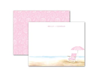 Tarjetas personalizadas, Silla de playa rosa - Juegos de papelería personalizables con acuarela