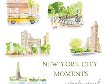 New York City Notecards | Flat Iron Building, Washington Square Park, Statue of Liberty, Yellow Cab Watercolor Illustration