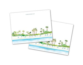 Tarjetas personalizadas con escena de playa tropical - Juegos de papelería personalizables en acuarela