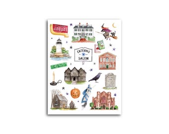 Salem Favorites Notecards | Massachusetts, Spooky, Witchy, Magic, New England Fall Watercolor, Cozy Halloween Illustration Stationery