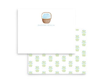 Personalized Notecards, Hydrangea Nantucket Basket - Customizable Watercolor Stationery Sets