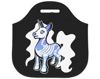 Spooky Halloween Unicorn Pony Insulated Neoprene Lunch Bag- Little Pony Skeleton Unicorn Lunch Bag Back to School Gift for Horse Girl