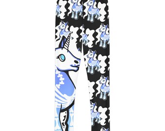 Leggings Halloween effrayant petit poney pour enfants - Noir blanc et bleu licorne squelette fantôme poney collants filles tenue d'Halloween