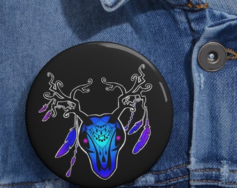 Mysterious Horned Creature Deer Skull Black and Blue Pin Buttons, Choose your size- Halloween pin, spooky pin, monster pin, goth pin
