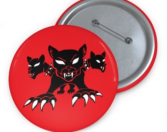 Cerberus Hellhound Red and Black Pin Buttons, Choose Your Size- Halloween Pin, Red round pin, demon pin, collectable pin, jacket pin