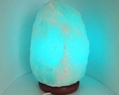 Himalayan Salt Lamp Blue Color - Hand carved Salt Lamp with wood base (3.5- 4.5 lb), Pure salt crystal light with 2 light bulbs (5-7 quot tall)