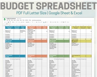 May include: A printable budget spreadsheet in a Google Sheet format with four columns for four pay periods. Each column includes sections for balance in checking, income, bills due this pay period, total needed for bills, savings, envelope expenses, total envelope expenses, and what's left. The spreadsheet is color-coded with green, yellow, orange, and red.