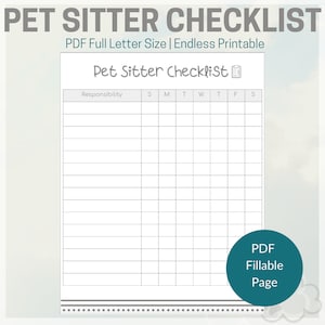 Pet Sitter Checklist - PDF Fillable and Hand write