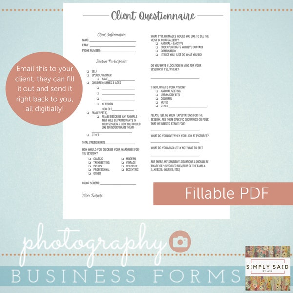 Photography Client Questionnaire- Fillable PDF
