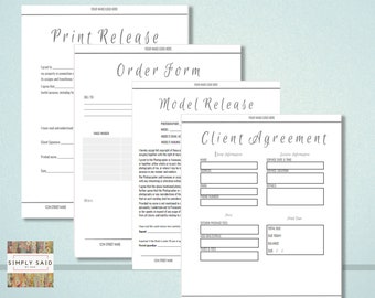Könnte beinhalten: Vier druckbare Formulare für ein Fotogeschäft: Druckfreigabe, Bestellformular, Modellfreigabe und Kundenvereinbarung. Jedes Formular hat ein schlichtes, modernes Design mit schwarzem Text auf weißem Hintergrund.