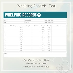 May include: Teal printable form for recording whelping records. The form includes columns for litter ID, whelp date, sex, weight, position, placenta, cleft, and notes.