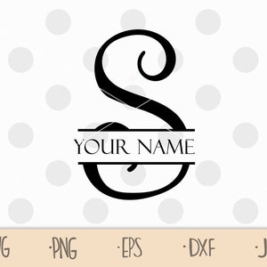 May include: Black and white monogram design featuring the letter "S" with a decorative flourish. The letter is split in half with a horizontal line and the text "YOUR NAME" is centered on the line.