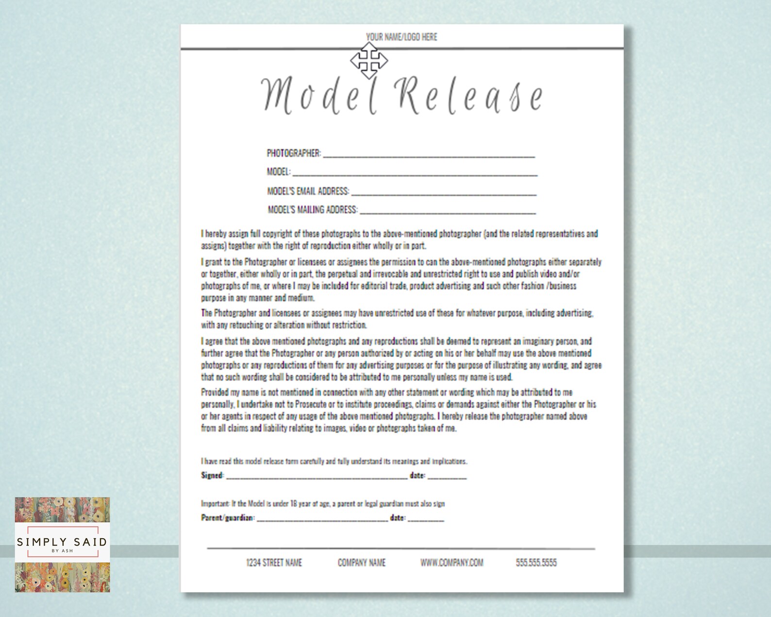 Model Release Form Editable INSTANT DOWNLOAD Etsy