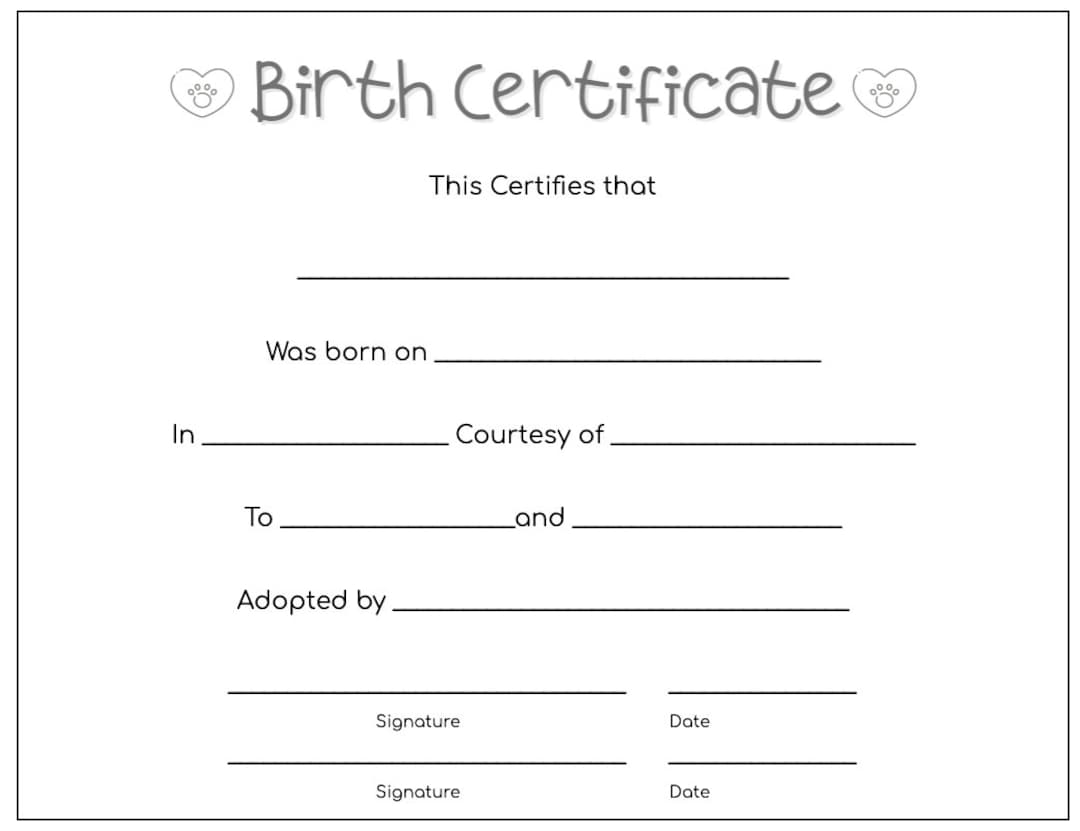 Pet Puppy Birth Certificate PDF Fillable Etsy