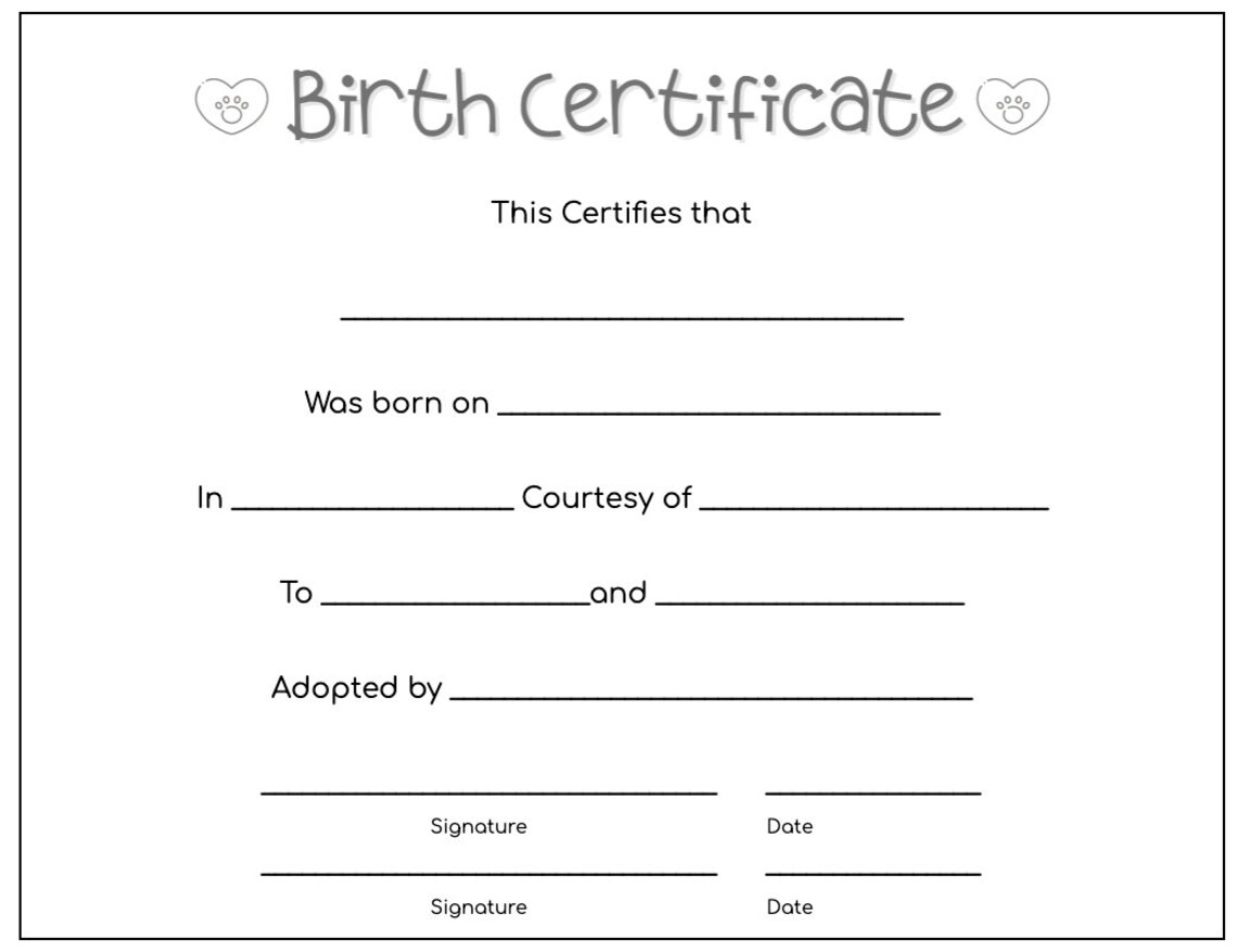 Pet Puppy Birth Certificate PDF Fillable Etsy