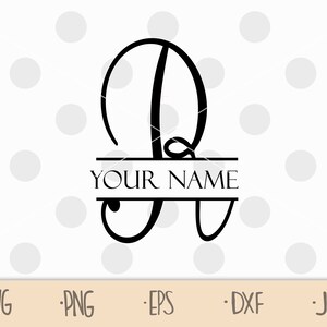May include: A black and white monogram design featuring the letter "R" with a decorative flourish. The letter is split in half with a horizontal line that reads "YOUR NAME".