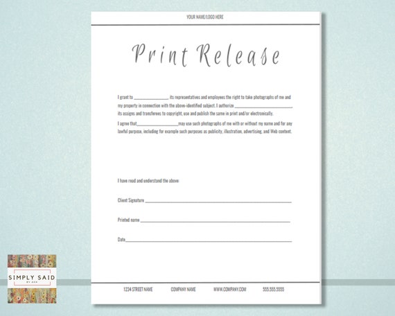 Print Release For Photography Clients Editable Instant Etsy