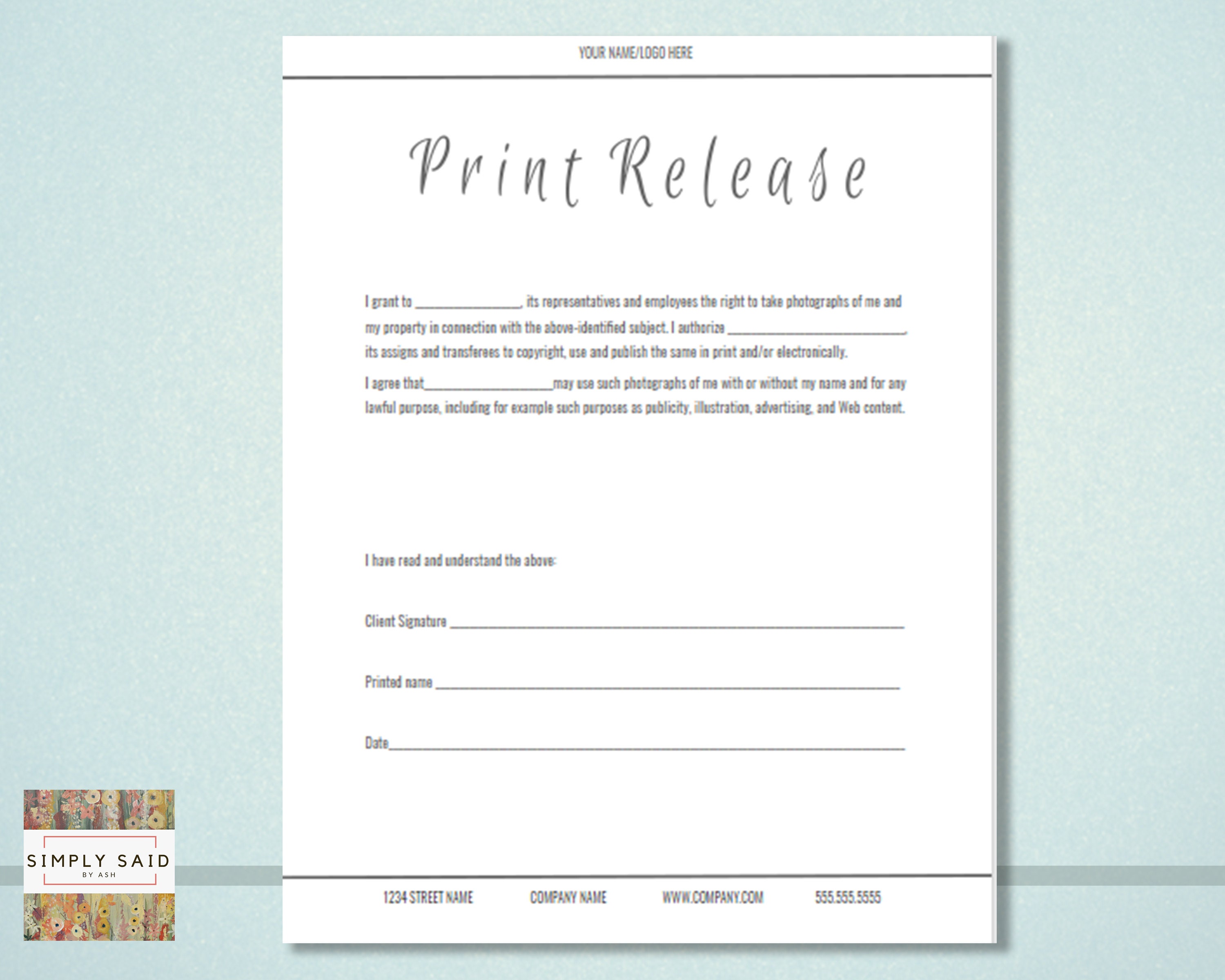 Print Release Photography Template Print Release Photography Template
