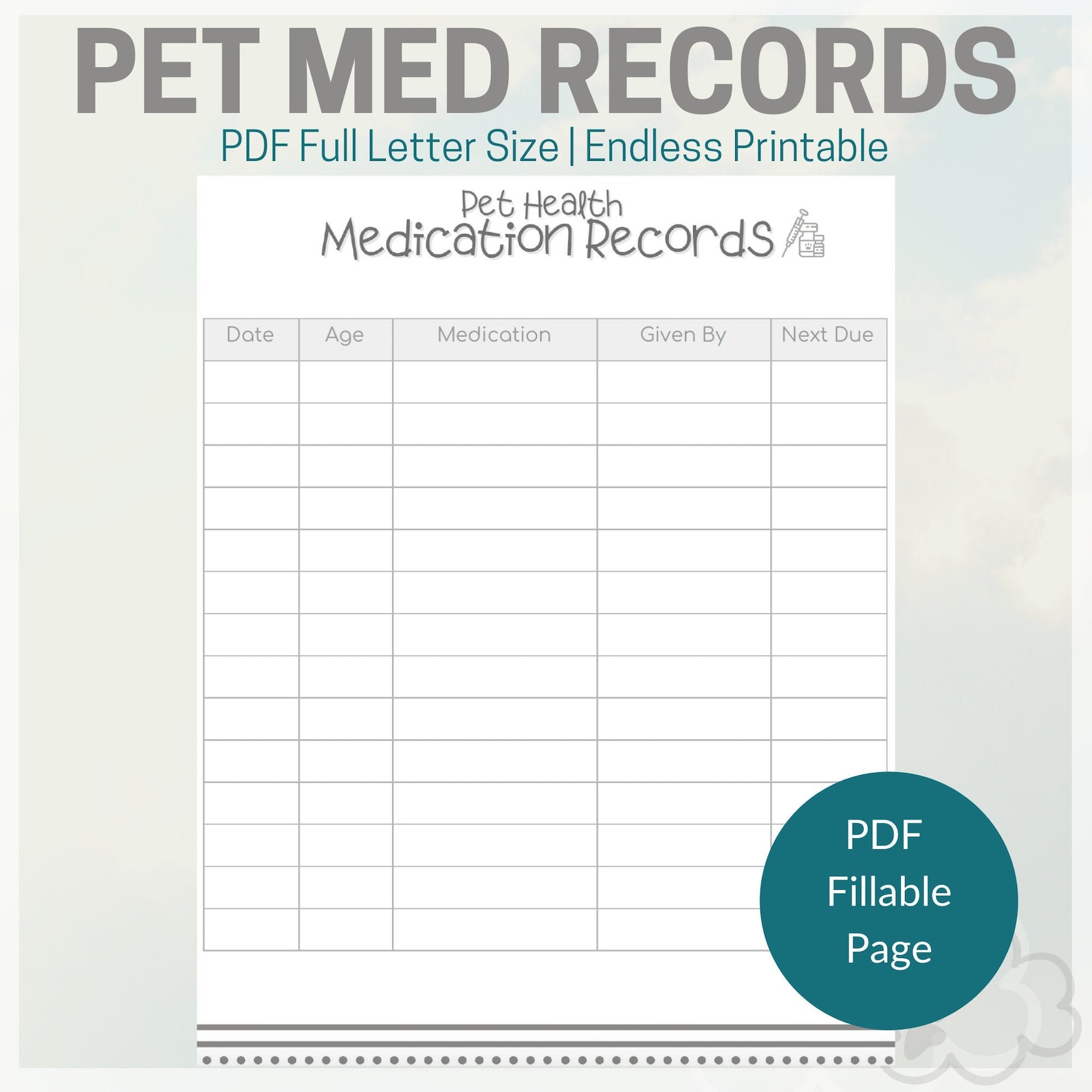 Pet Medication Records PDF Fillable and Hand Write Etsy