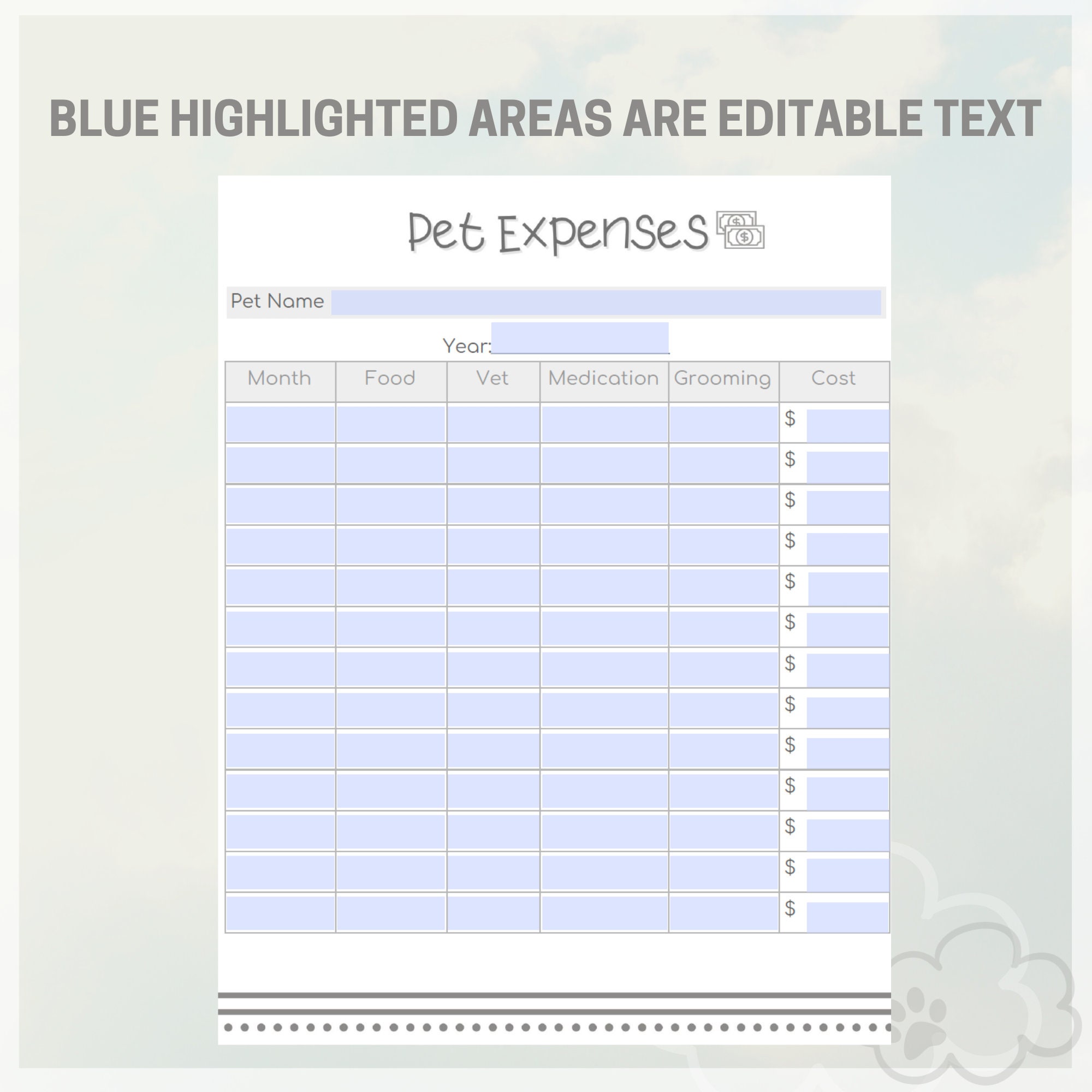 Pet Expenses PDF Fillable and Hand write Etsy