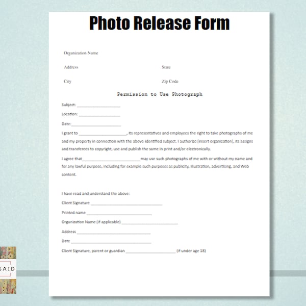 Photo Release Form (with EDITABLE document Link)- INSTANT DOWNLOAD