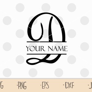 May include: A black and white monogram design featuring the letter D with a decorative flourish. The text "YOUR NAME" is centered below the letter.