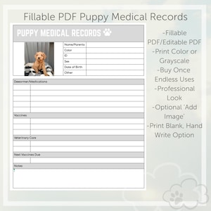 May include: Printable puppy medical record template with a cute puppy image. The template includes sections for name, parents, color, ID, sex, date of birth, other, dewormer/medications, vaccines, veterinary care, next vaccines due, and notes.