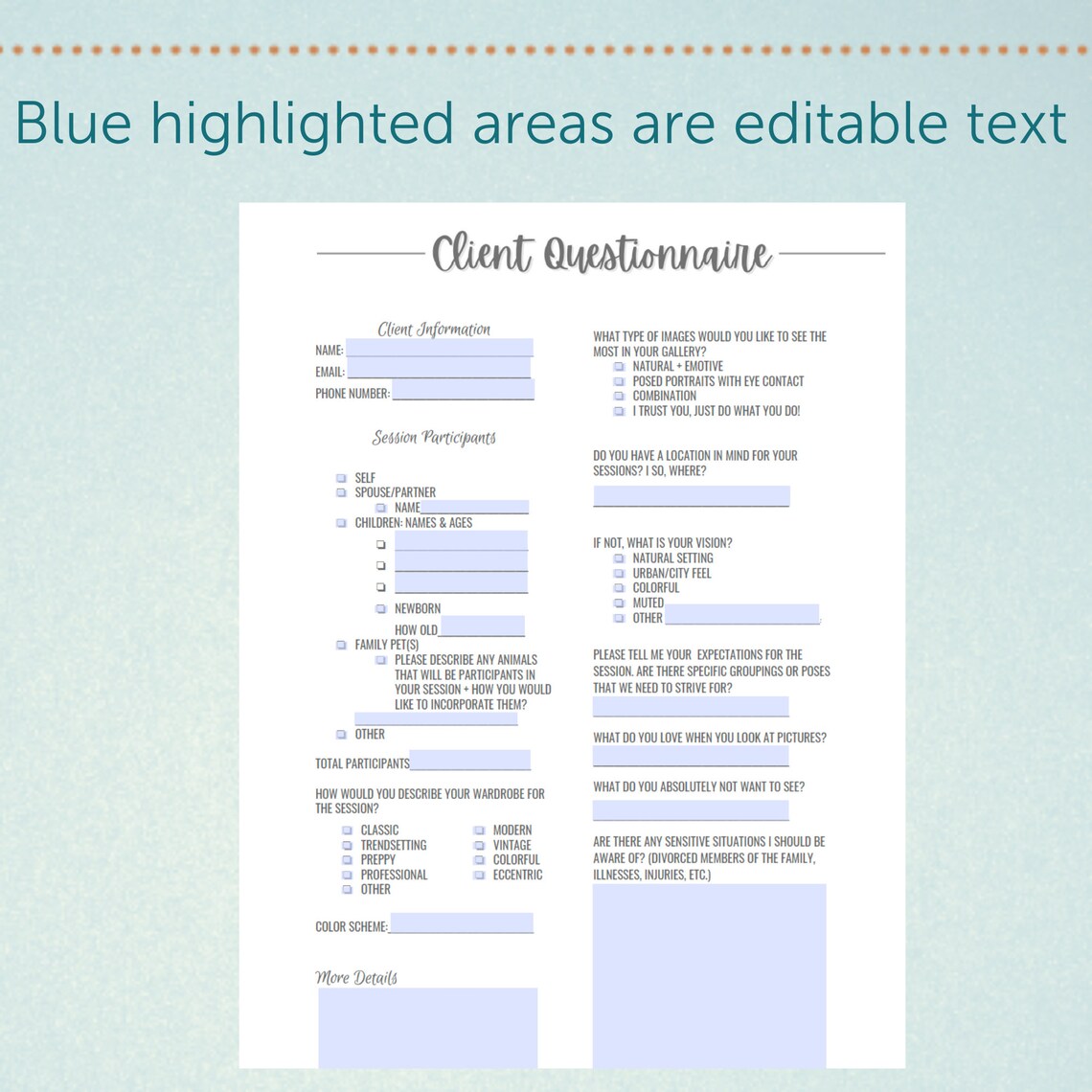 Photography Client Questionnaire Fillable PDF Etsy