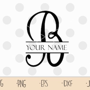 May include: A black and white monogram design featuring the letter "B" with a horizontal line below it that says "YOUR NAME". The design is on a white background with gray polka dots.