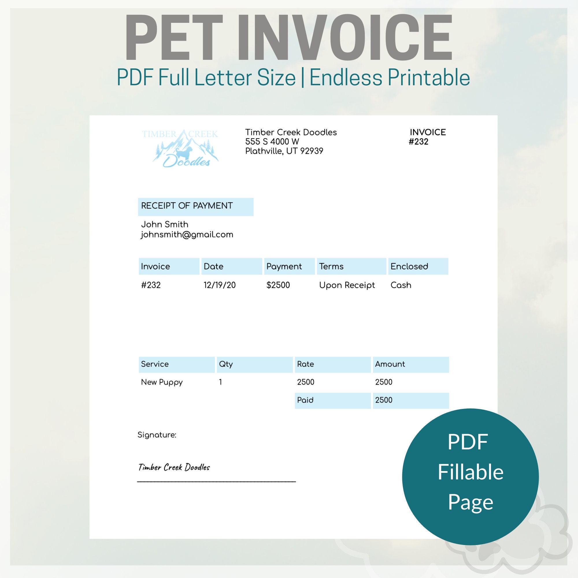 Pet Invoice PDF Fillable and Hand Write Etsy