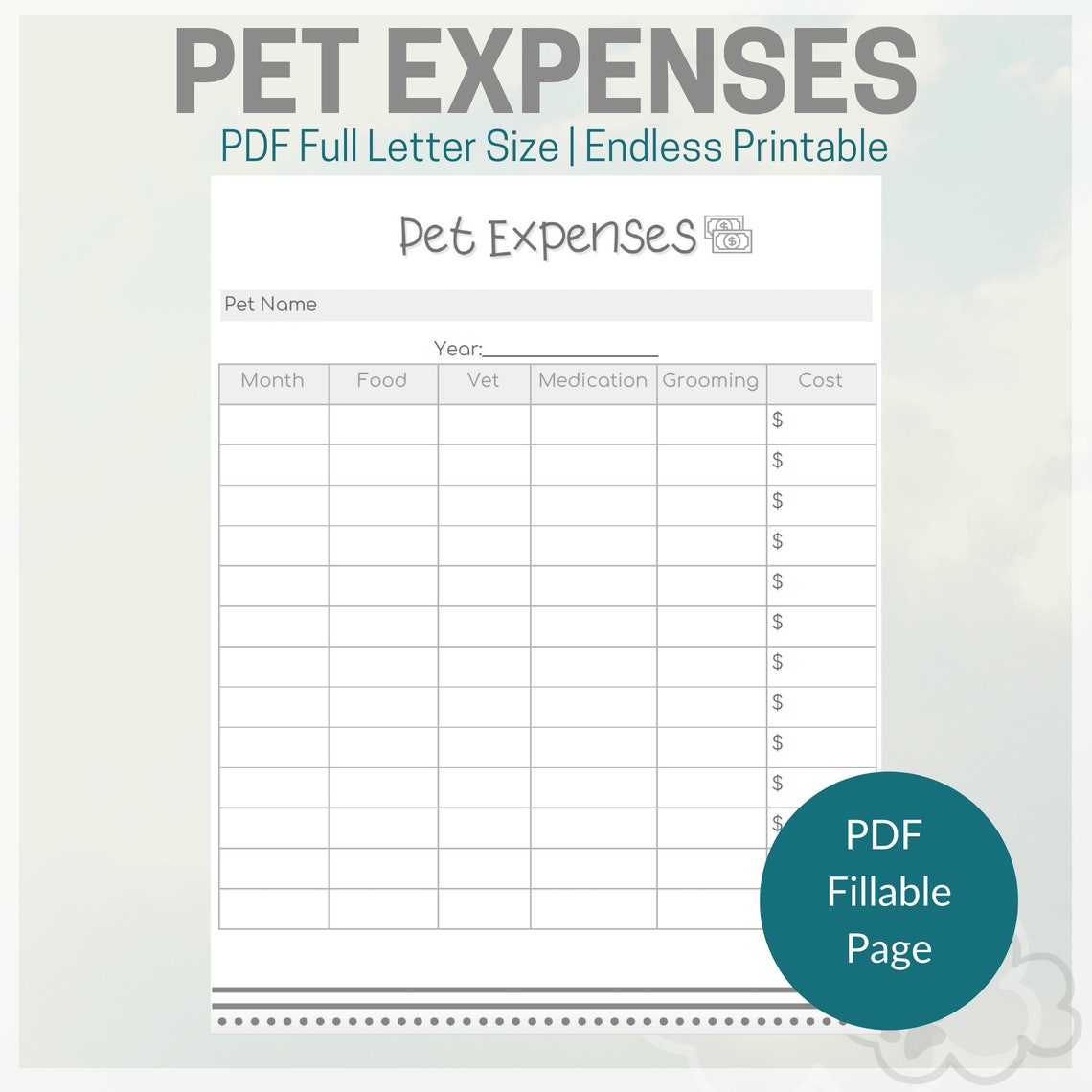 Pet Expenses PDF Fillable and Hand Write Etsy