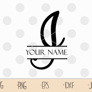 May include: A black and white split monogram design featuring the letter "J" with a decorative flourish. The text "YOUR NAME" is centered above the letter.