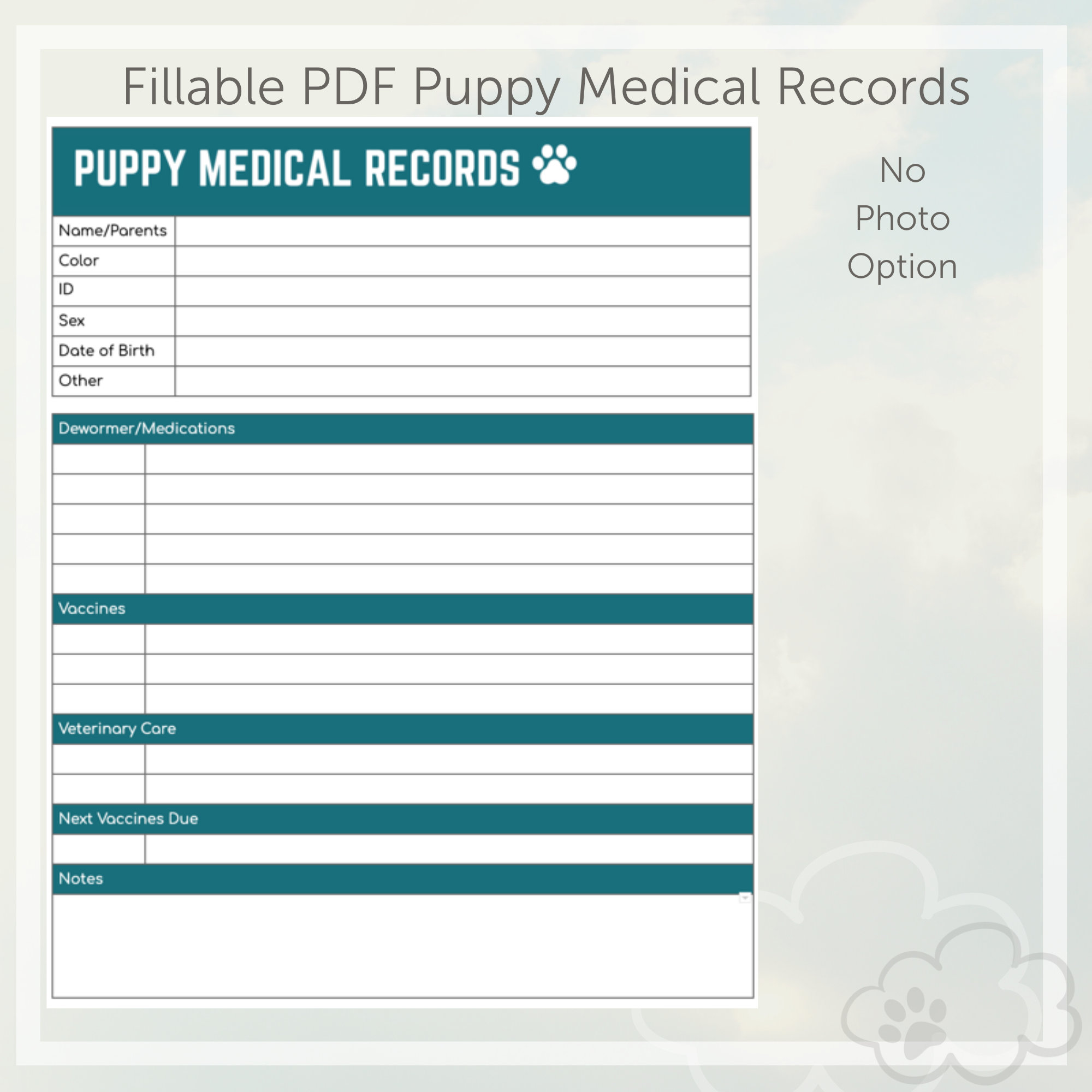 Puppy Medical Records Forms Fillable PDF teal Etsy Ireland