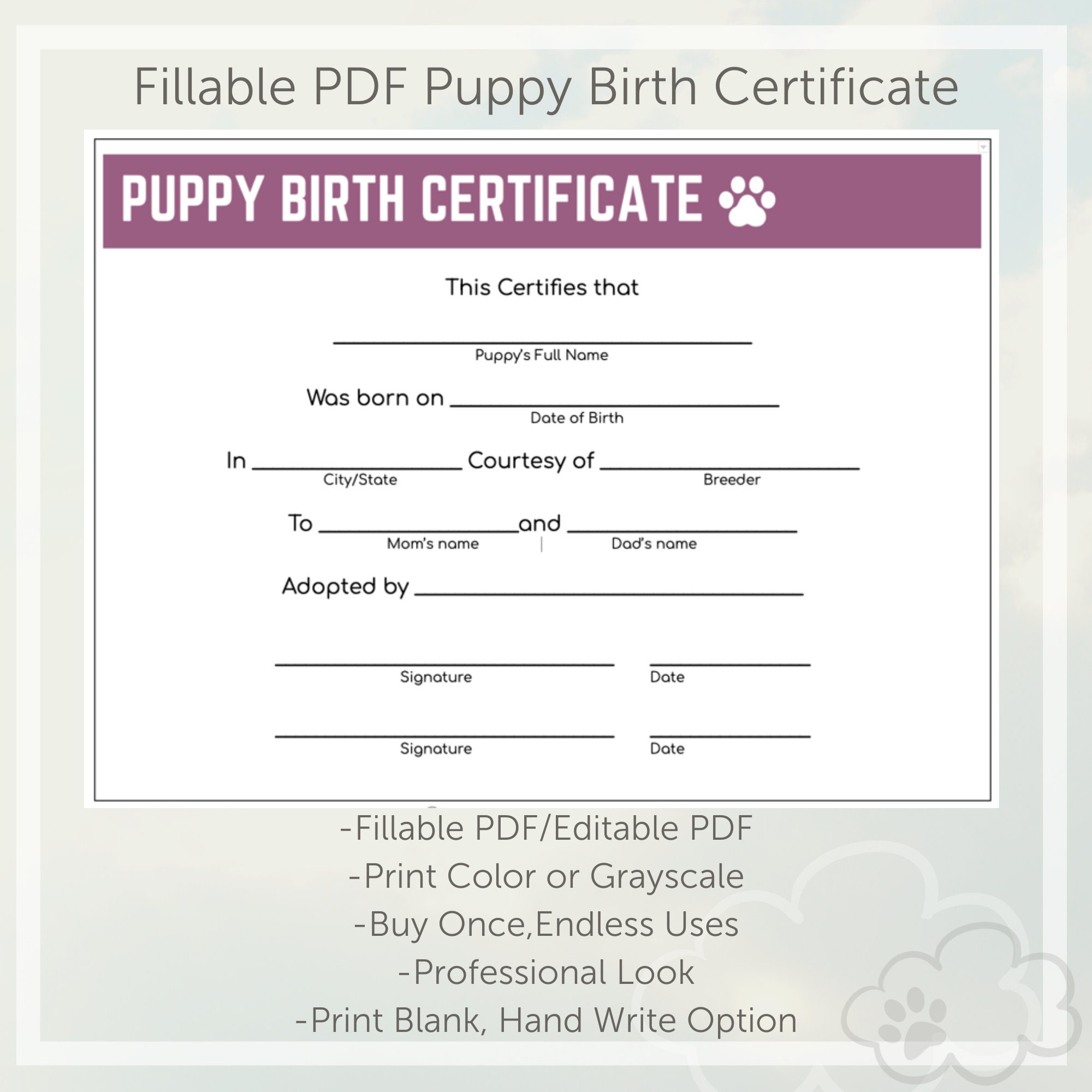 Puppy Birth Certificate- Plum
