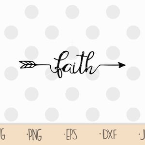 Peut inclure: Conception graphique en noir et blanc avec le mot "faith" écrit en cursive avec une flèche pointant vers la droite. La flèche a un design à plumes.