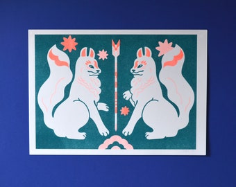 Poster *Kitsune* illustration folkorique japonaise, tirage limité risographie, fox, renard