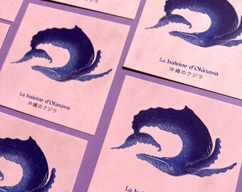 Lot de deux cartes postales corbeau et baleine d’Okinawa japan japon riso risographie voyage animal Scientific illustration