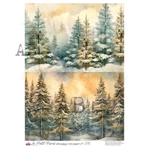 May include: Watercolor decoupage rice paper featuring two winter forest scenes. The top scene shows snow-covered evergreen trees in shades of green and blue. The bottom scene depicts similar trees with a warm, golden-yellow sky. The text "Le Petit Paris decoupage rice paper n° 276" is visible.