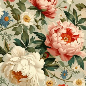 May include: A floral pattern with pink, white, and red peonies, and blue and white wildflowers on a light green background.