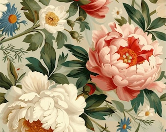 May include: A floral pattern with pink, white, and red peonies, and blue and white wildflowers on a light green background.
