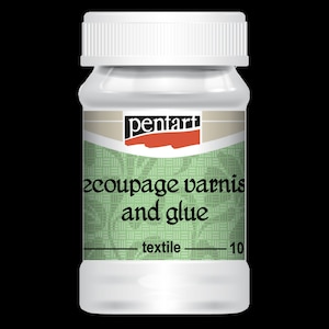 May include: A white plastic bottle with a white lid. The label reads "pentart decoupage varnish and glue textile 10".