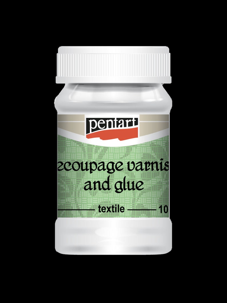 May include: A white plastic bottle with a white lid. The label reads "pentart decoupage varnish and glue textile 10".