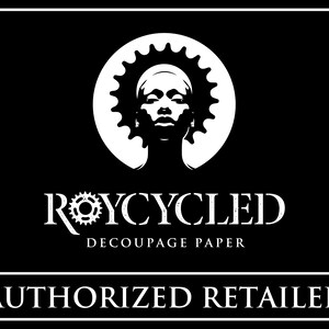 May include: Black and white logo for Roycycled Decoupage Paper. The logo features a stylised image of a person's head with a gear design in the hair. The text "Roycycled Decoupage Paper" is below the image.
