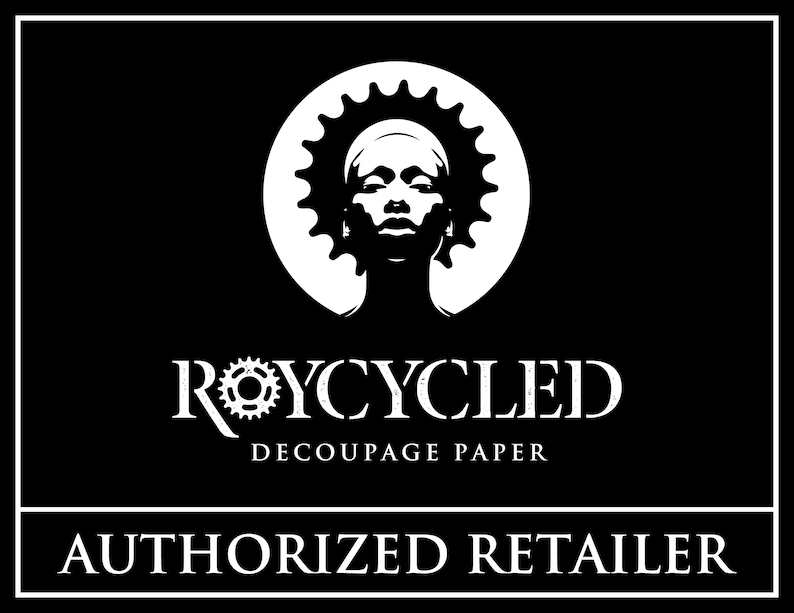 May include: Black and white logo for Roycycled Decoupage Paper. The logo features a stylised image of a person's head with a gear design in the hair. The text "Roycycled Decoupage Paper" is below the image.